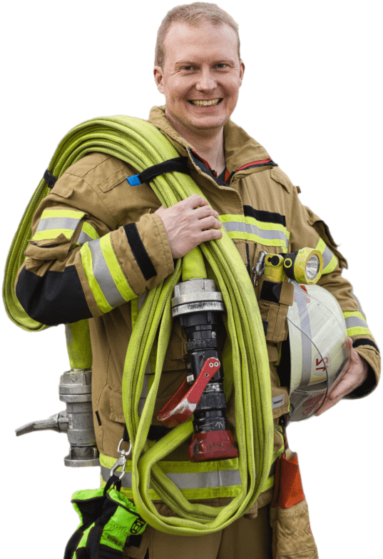 firecoder logo - cartoon firefighter with text: developing software is like fighting fire